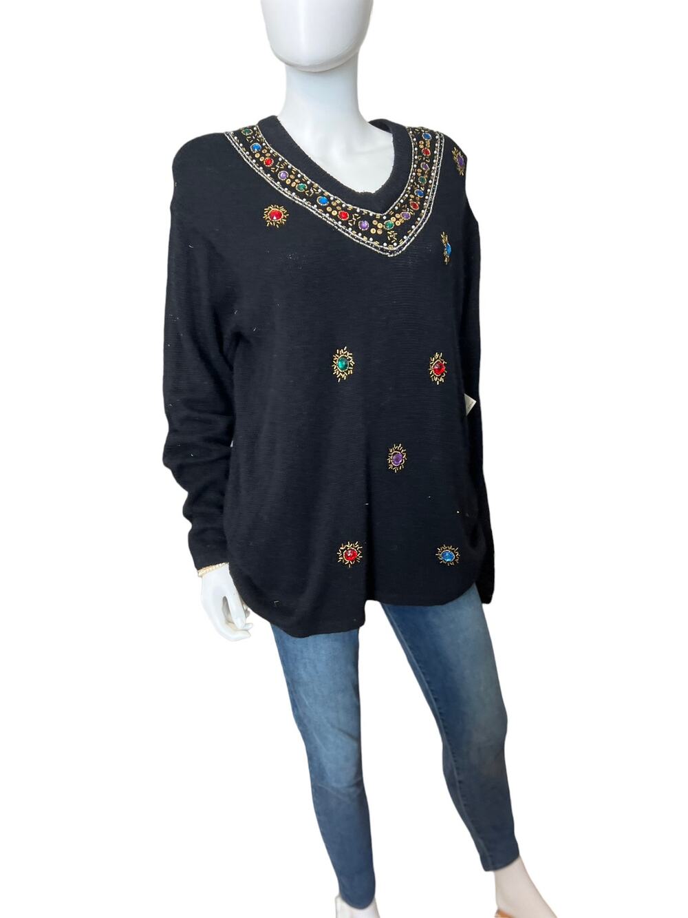 Vintage Black Jeweled Sequin Karen Scott Silk Angora Sweater, L NWT